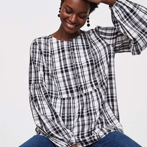 LOFT Black and White Plaid Henley Blouse Sz S
